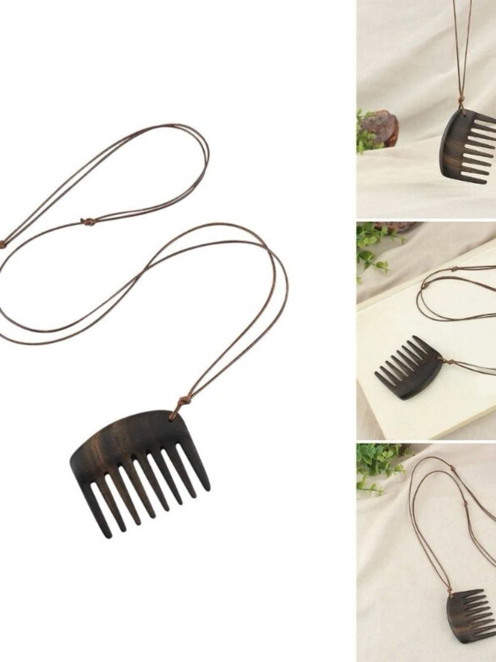 Boho Wooden Comb Pendant Necklace Adjustable Cord Artisan Statement